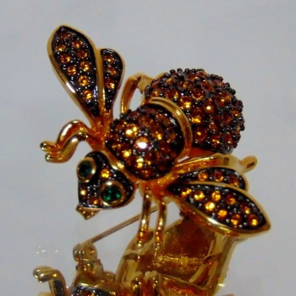 VTG Joan Rivers Gold Pave Crystal QUEEN BEE PIN Brooch Gold Topaz Rhinestones - Picture 4 of 5
